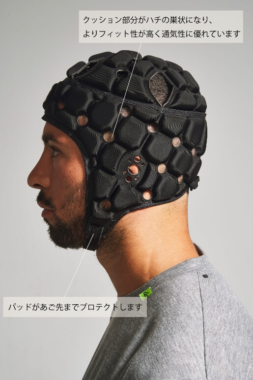 クッション部分がハチの巣状になり、よりフィット性が高く通気性に優れています パッドがあご先までプロテクトします