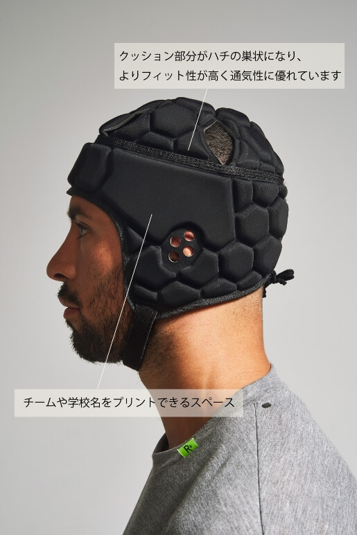 チームや学校名をプリントできるスペース パッドがあご先までプロテクトします。