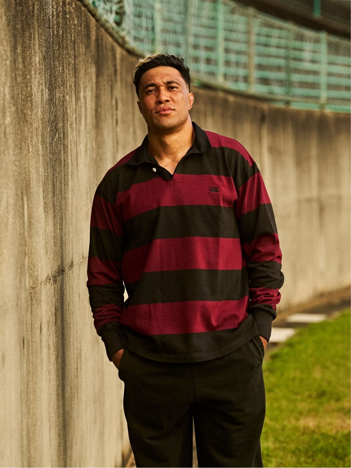 TOPS 4INCH STRIPE RUGBY JERSEY,BOTTOMS FADE HEAVY SWEAT PANTS