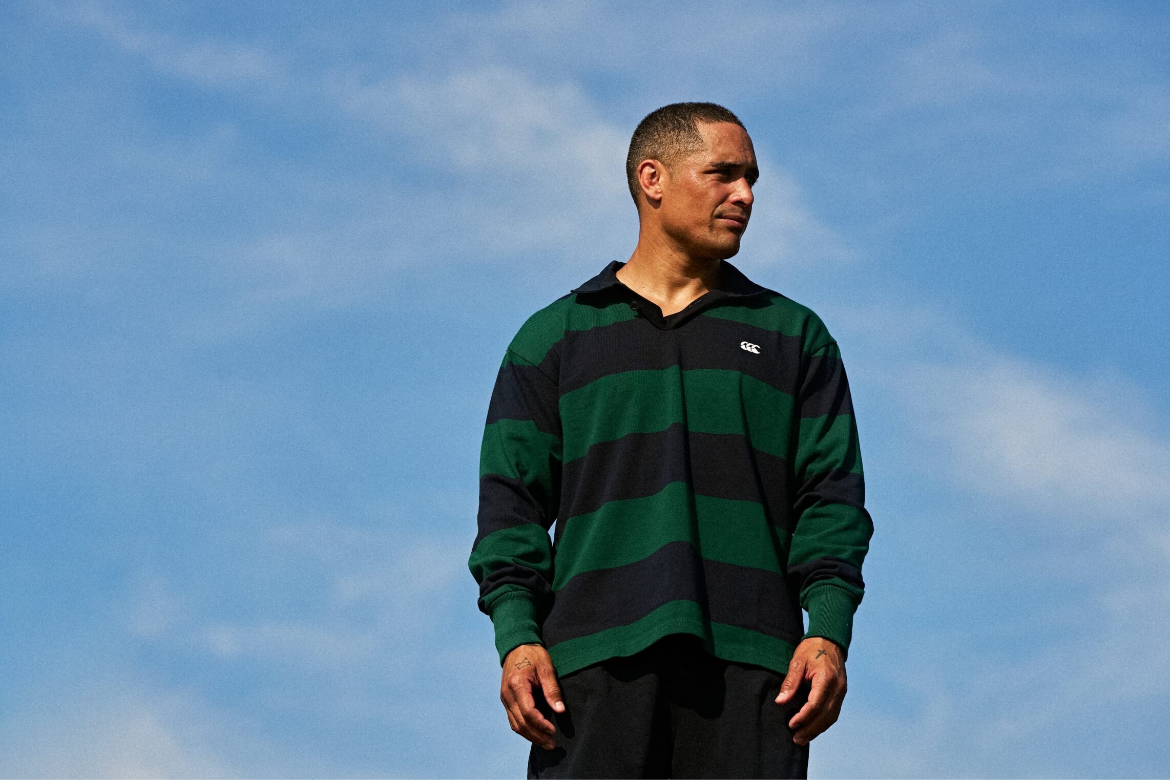 TOPS 4INCH STRIPE RUGBY JERSEY,BOTTOMS RUGGER PANTS,GOODS STANDARD WASHED CAP